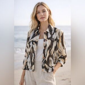 SERE NADE Abstract Print Blouse Jacket M Sheer Button Front Neutral Chic Crop